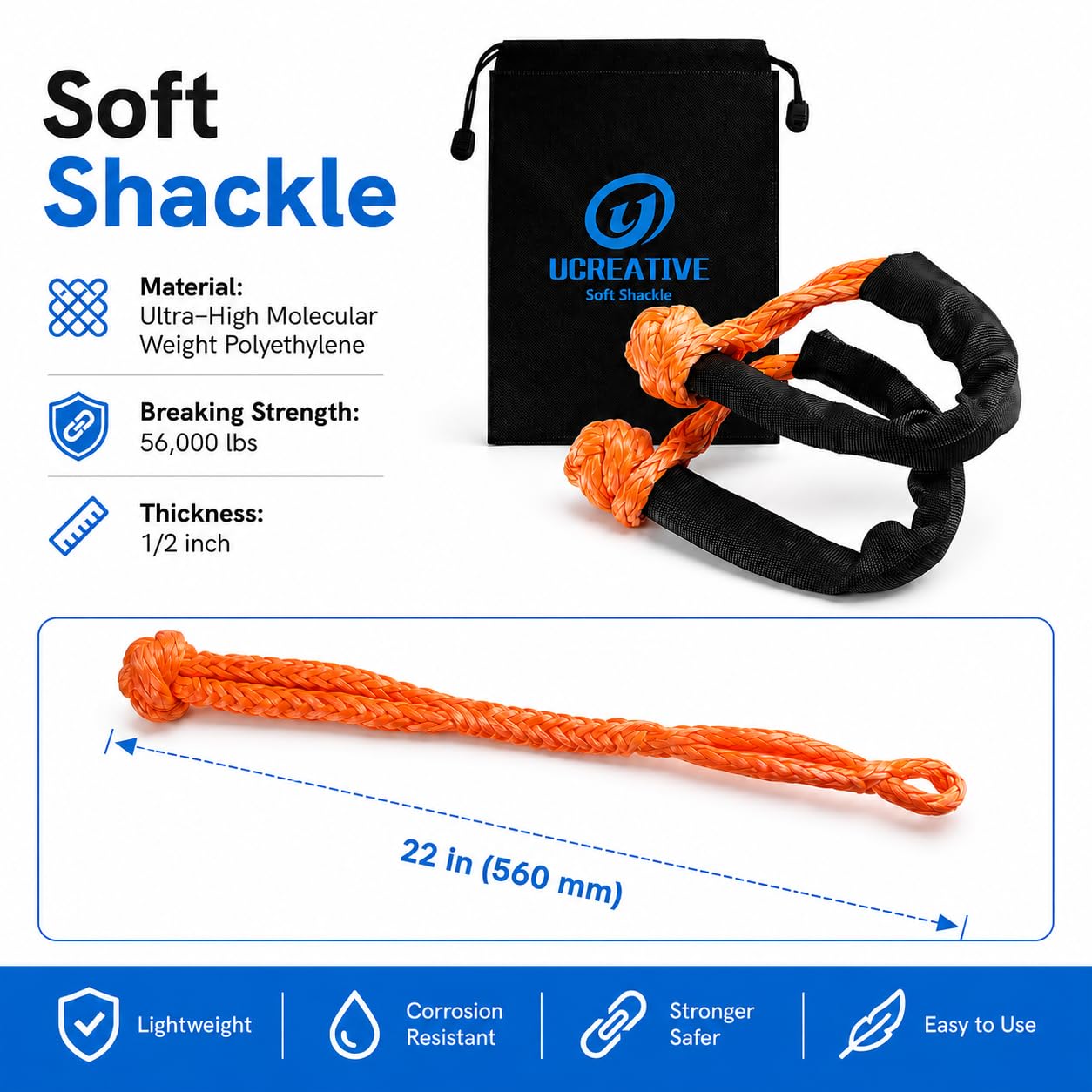Ucreative Zestaw linek kinetycznych 2,5 cm x 30 ', maksymalna wytrzymałość na rozerwanie 21,8 kg, z 2 szt. syntetycznych, miękkich szekli, do pojazdów terenowych, 4WD, pick-up, truck, SUV-ów,