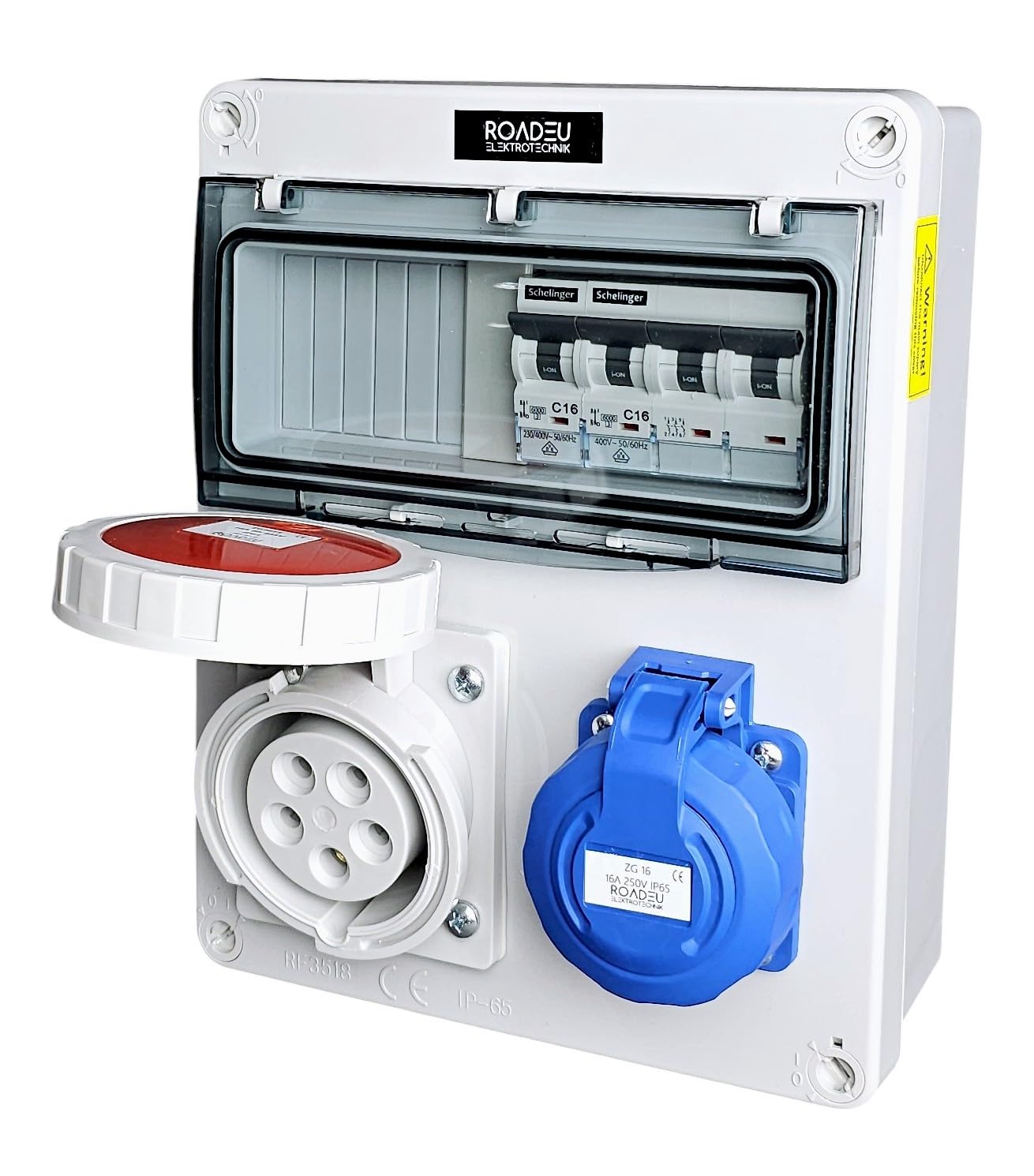 RoadEu Quadro elettrico IP65 CEE 16A 5P 400V e presa Schuko 230V | Interruttori magnetotermici VDE | C16A 3P + C16A 1P | coperchi avvitabili | montaggio a parete