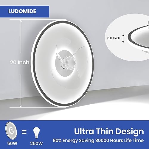 Miniatura 3 de Ventilador de techo de montaje empotrado de 20 pulgadas con luces y control remoto, 6 velocidades de viento, LED regulable para dormitorio,