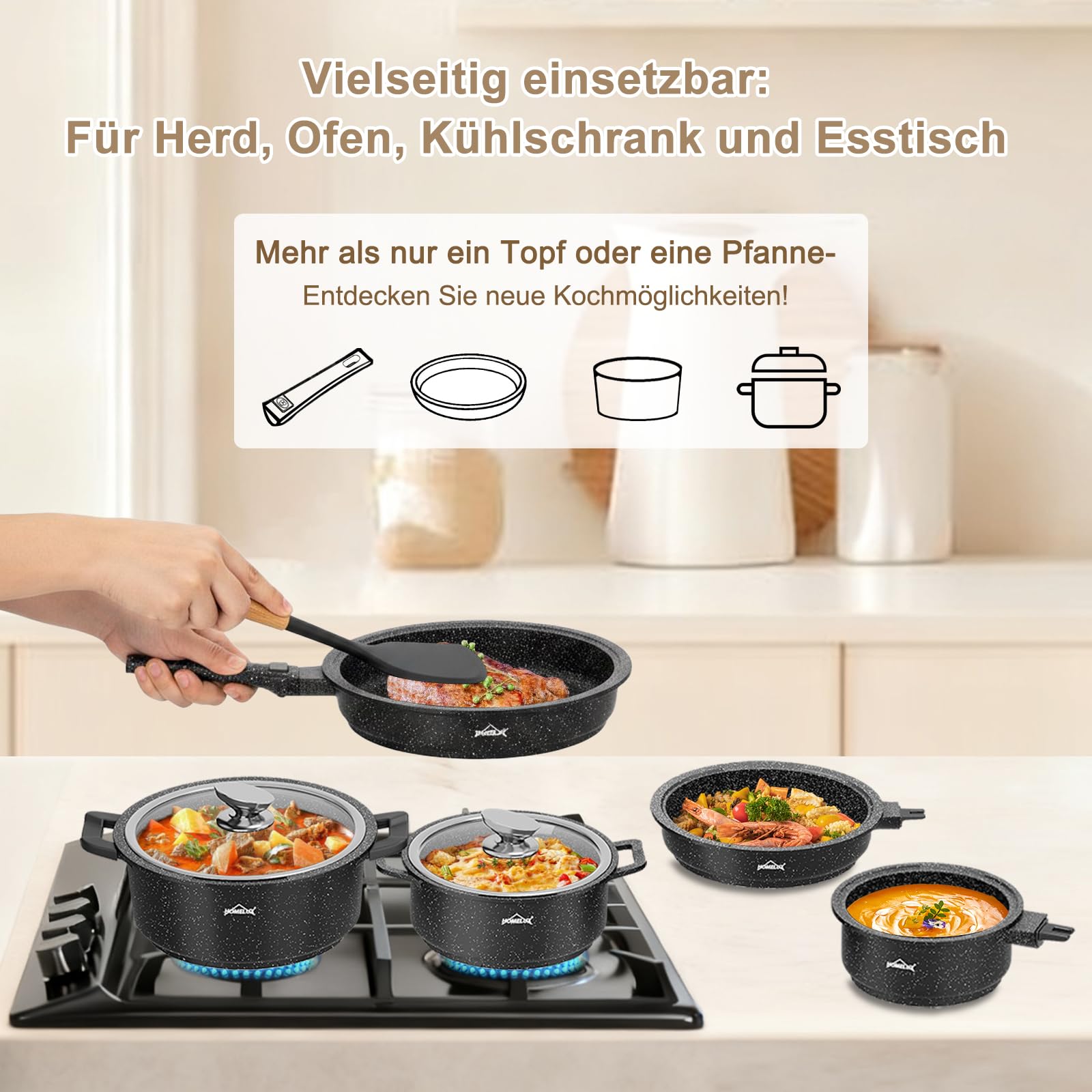 HOMELUX 10-tlg. Induktions-Topfset mit abnehmbaren Griffen & Antihaft | Stapelbar & ofenfest, Pfannen, Milchtöpfe & Kochtöpfe in diversen Größen, für alle Herdarten geeignet, Schwarz