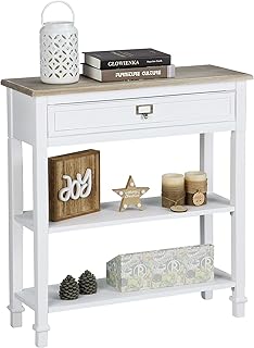 Console Sofa Table with Drawers, 3-Tier Farmhouse Entryway End Table with Open Storage Shelves, Accent Side Table for Hallway Living Room Bedroom, Wooden Top, Handcrafted Finish (White)