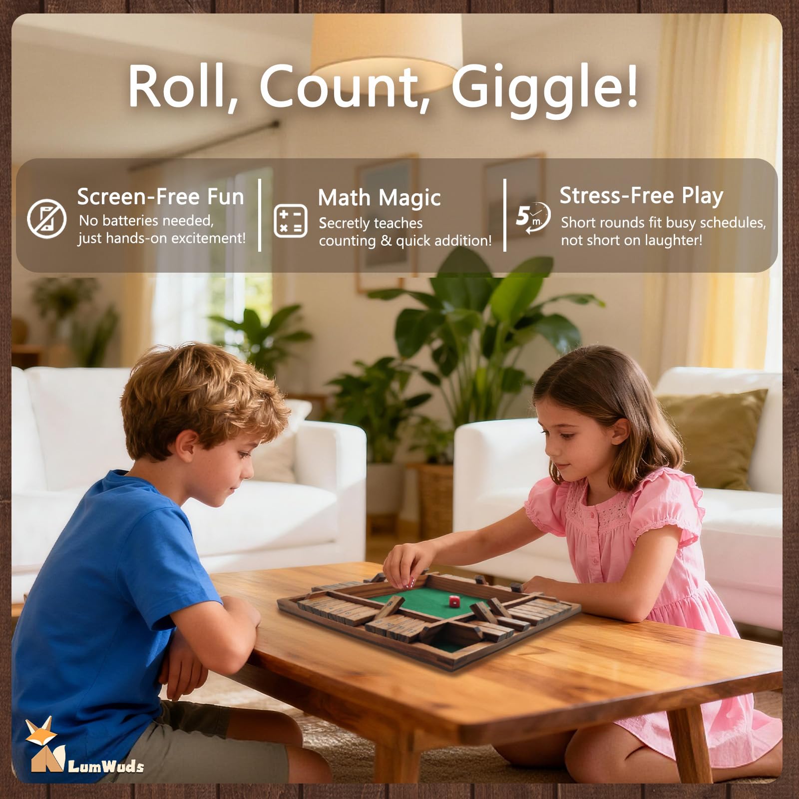 Shut The Box Spiel Holzbrett (13,78 Zoll) für 1-4 Spieler, Familien-Würfelspiele für Erwachsene mit 12 Würfeln, Kinder Pädagogisches Lernen und Erwachsene Party Entertainment Board