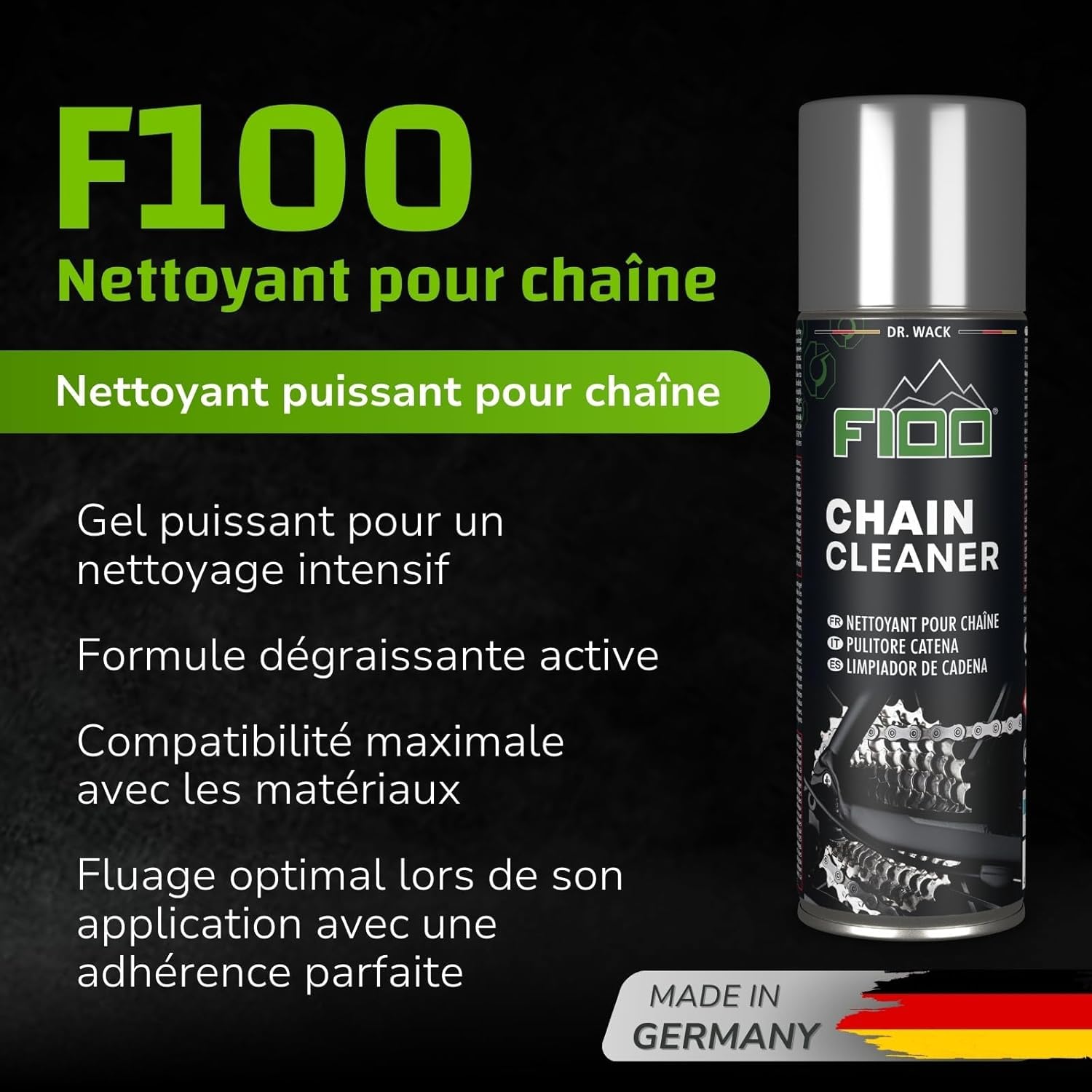 Dr. Wack - F100 Kit Entretien Vélo Électrique : Nettoyant Vélo + Nettoyant chaîne de vélo + Lubrifiant Chaîne de Vélo Électrique + Brosse + Chiffon Microfibre