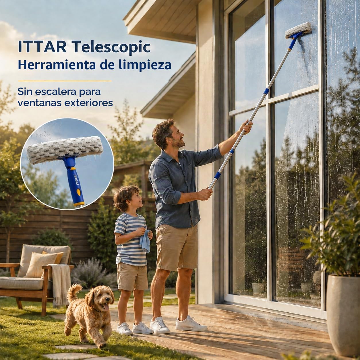 ITTAR Limpiacristales, escobilla giratoria y Estropajo de Microfibra con Poste Extensible de Acero Inoxidable de 3 Secciones, Herramienta de Limpieza de Ventanas con 2 Almohadillas de Microfibra para