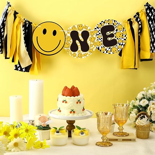 Miniatura 2 de Therwen Cartel para silla alta con texto en inglés "One Happy Dude" para silla de bebé, diseño de cara sonriente y de primer cumpleaños, decoración