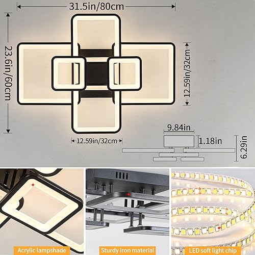 Miniatura 4 de Shine LUEST Lámpara de Techo LED Moderna Negra, Accesorios de Iluminación de Cocina para Techo, para Dormitorio 31.5" Regulable, Lámpara de Techo