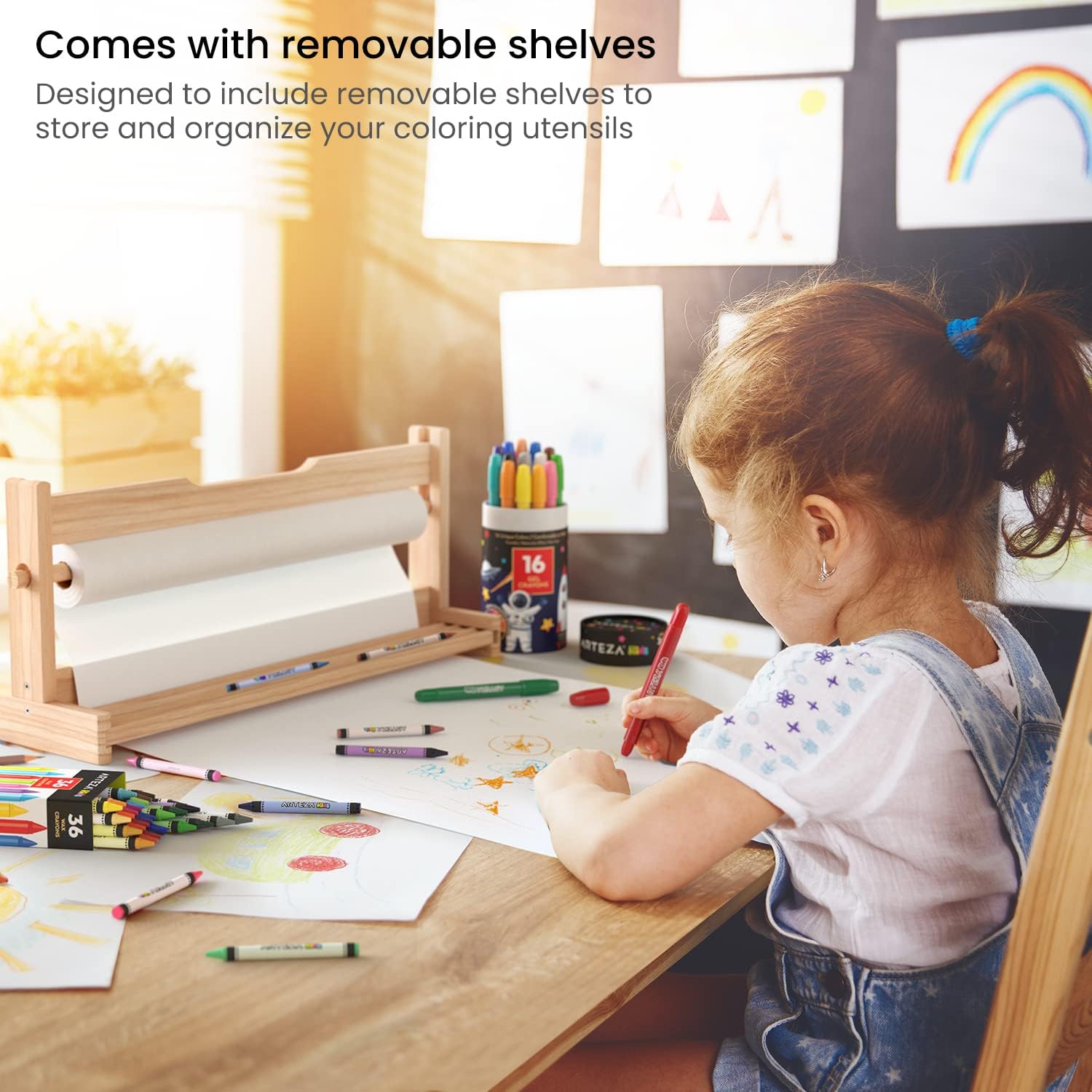 Arteza Kids Paper Roll Dispenser with 1 Roll of Drawing Paper, 16.5 Inches x 74.8 Feet, 47-lb Paper, Made of Pine Wood, Art Supplies for Kids Activity Organizing, Sticker Storage, and Learning Centers