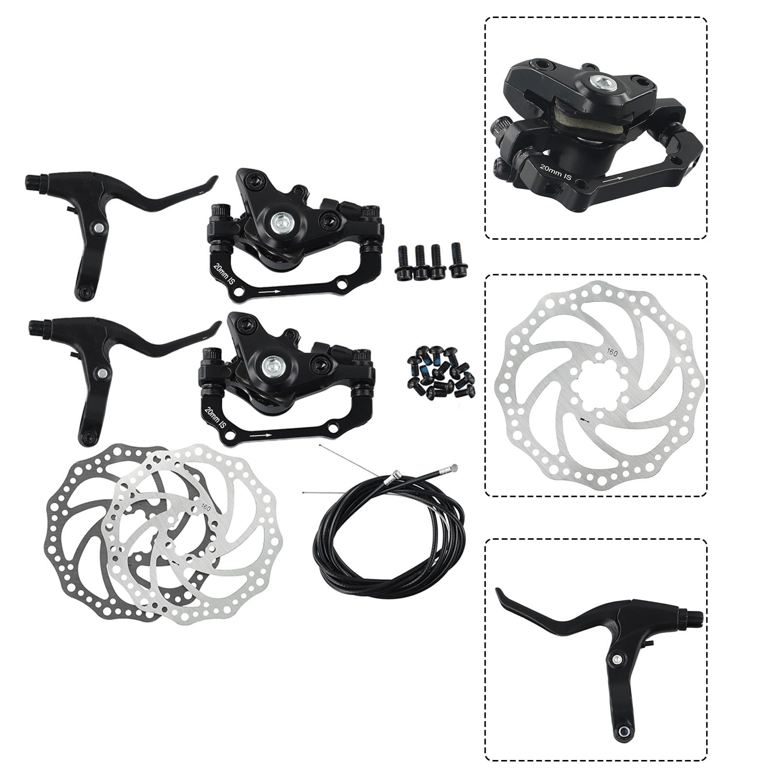 Juego de frenos de disco mecánicos para bicicleta de montaña delantera y trasera con discos de freno de 160 mm, sistema de freno con pastillas de freno de 32 mm, espacio ajustable para