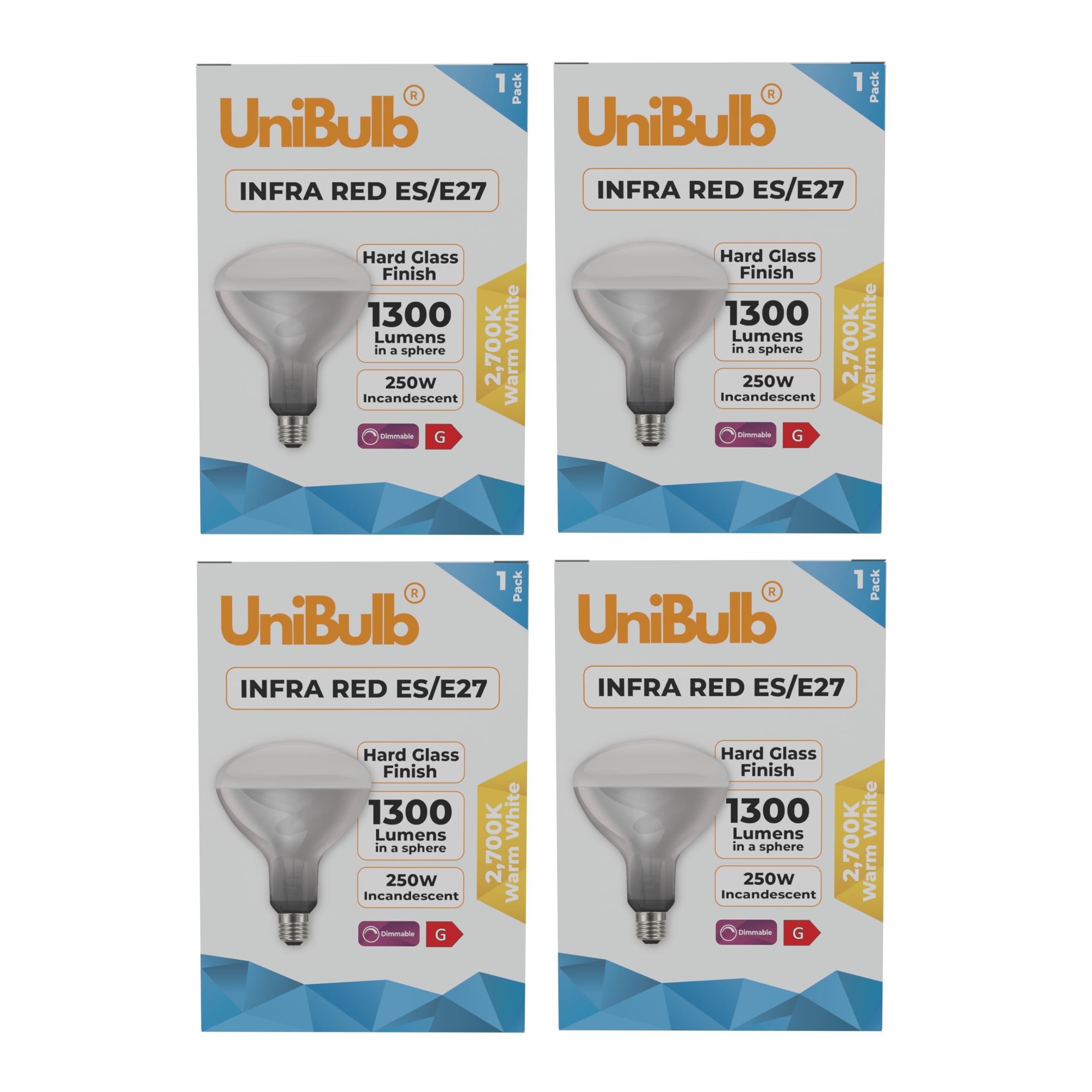 Unibulb Infra-Red Heater Lamp E27 Edison Screw (ES) 1300 Lumens 250W Heat Lamp Light Bulb, 2700k Warm White, Hard Glass Finish, Dimmable (4)