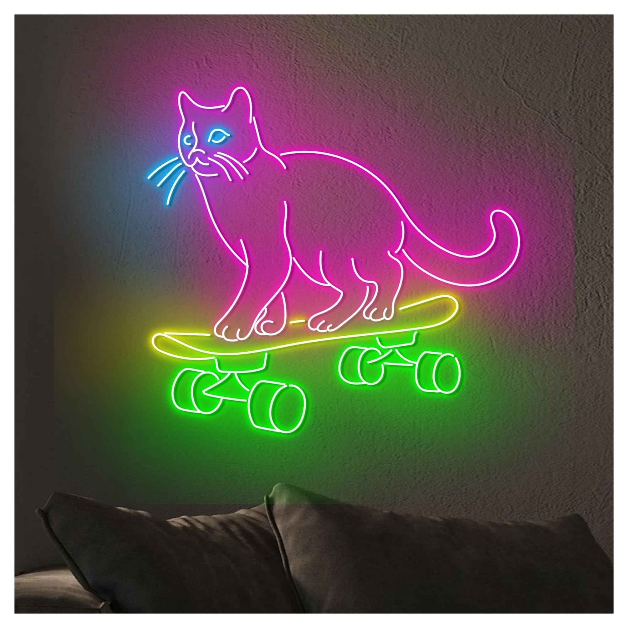 Luces de neón Letrero De Neón Con Diseño Gato Patinando, Luz LED Para Habitación, Decoración Del Hogar, Sala Juegos, Dormitorio, Bar, 63cm