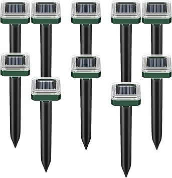 Solar Powered Mole Repellent, 10 Packs Ultrasonic Gopher Repellent Outdoor, Waterproof Vole Repellent for Lawn & Garden, Humane Deterrent for Moles, Groundhogs, Chipmunks & Snakes Square