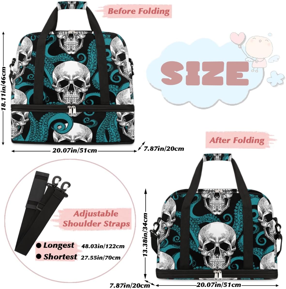 QsirBC Skulls Modern Decor Gym Bag for Women Duffle Tote with Shoes Compartment Men Weekender Duffel for Dance Travel Sports Swimming Overnight