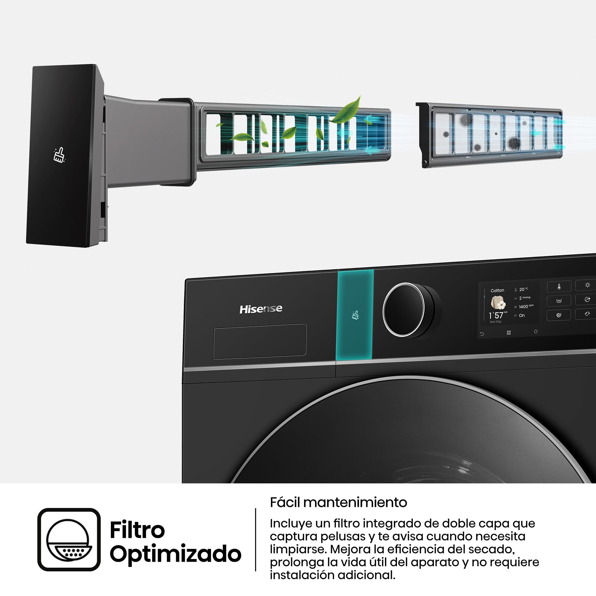 Hisense WD5I1245BBRH - Lavasecadora 12 kg/8 kg, Clase A, Fondo 60cm, 1400 rpm, Máxima Eficiencia AAAA, Bomba de Calor, Lavado y Secado Super, Filtro Optimizado, Lavado y Secado 49', iFit™, Negro