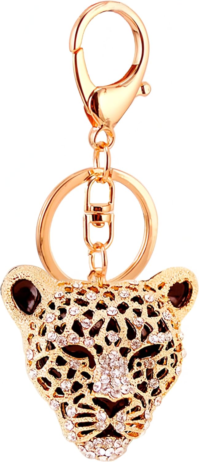 MAGIKON Gold Leopard Keychain – Rhinestone Cheetah Head Charm for Purse, Wallet, Bag, Keyring 2-Inch