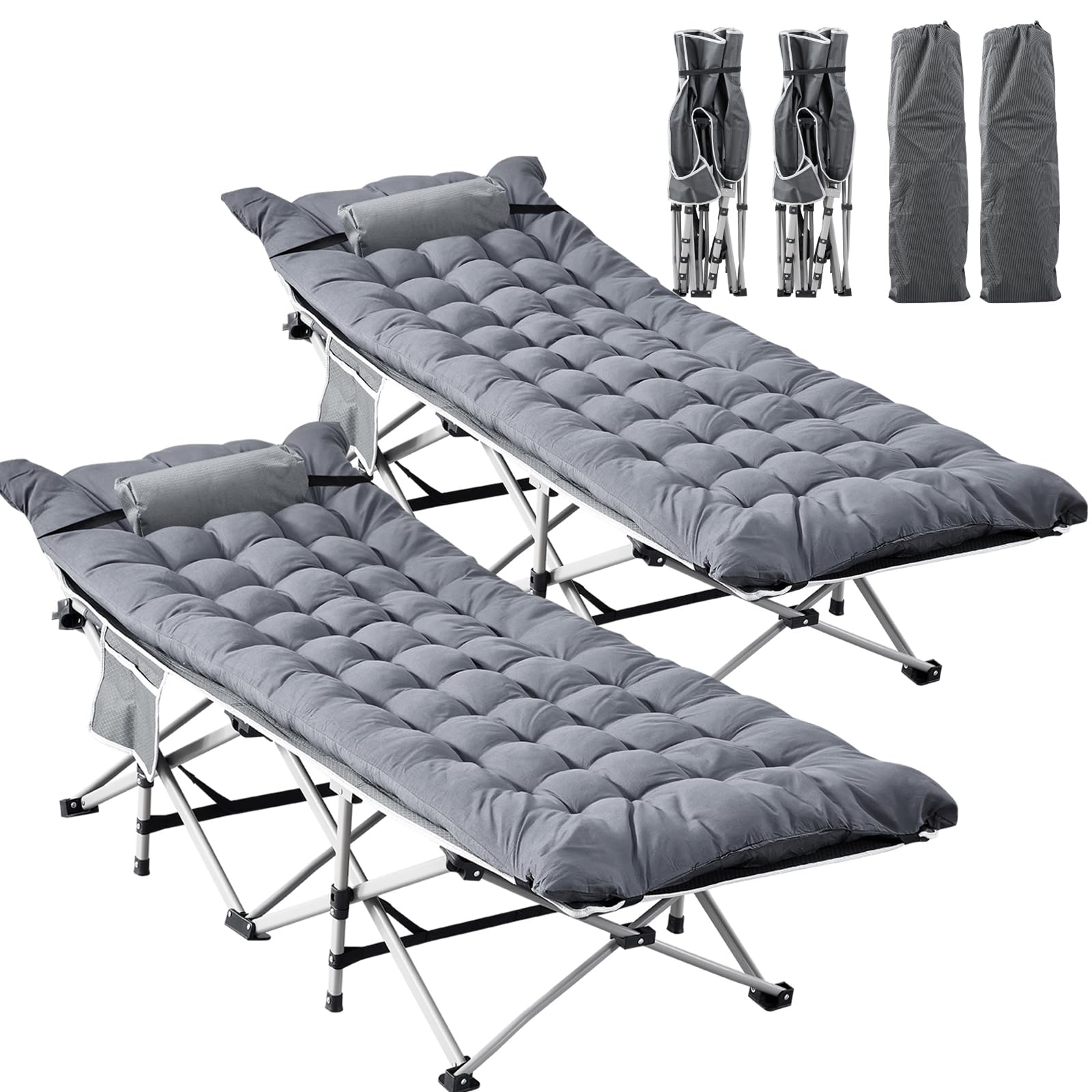 BSTSEL Folding Camping Cot Portable Camp Bed for Adults 186×70×40cm Lightweight Single Sleeping Cot with Removable Mattress & Headrest, Carry Bag & Side Storage Pocket Supports 500 lbs (Grey, 2 pcs)