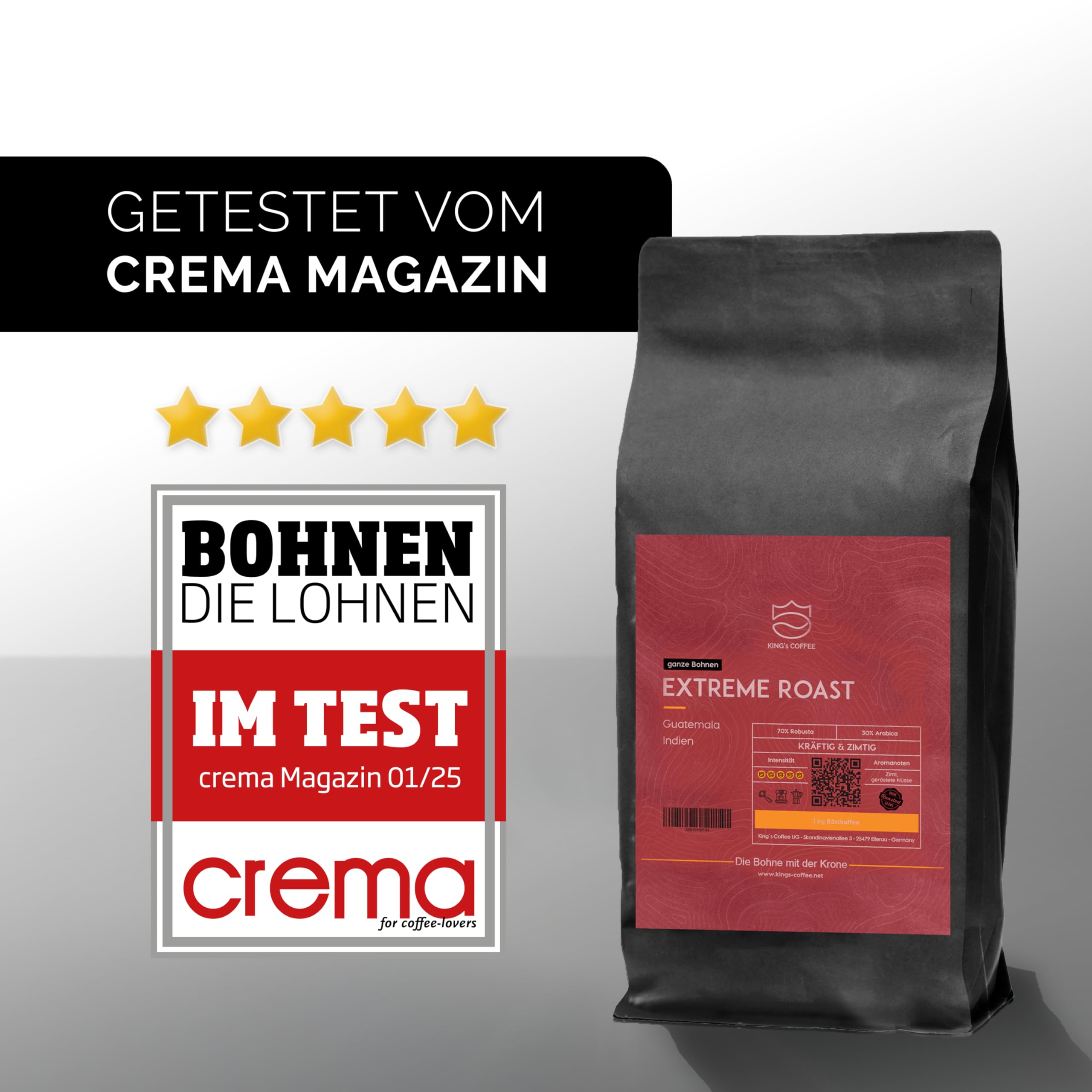 KING'S COFFEE – Extreme Roast, 1 kg, bardzo mocne i kremowe ziarna kawy, bardzo niska kwasowość, małe prażenie partii z Włoch | ziarna espresso do ekspresów w pełni automatycznych i sitków
