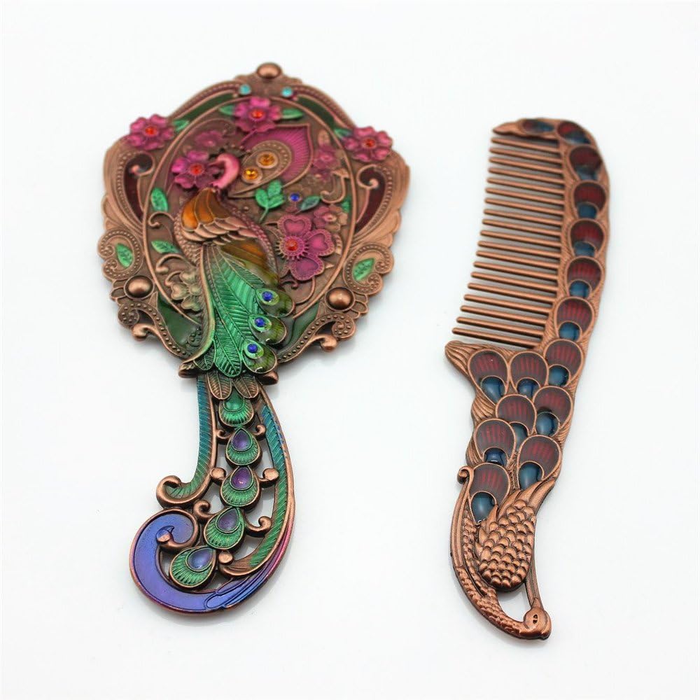 SY Crafts Peacock Design Handheld Mirror & Comb Gift Set (Copper) Beauty