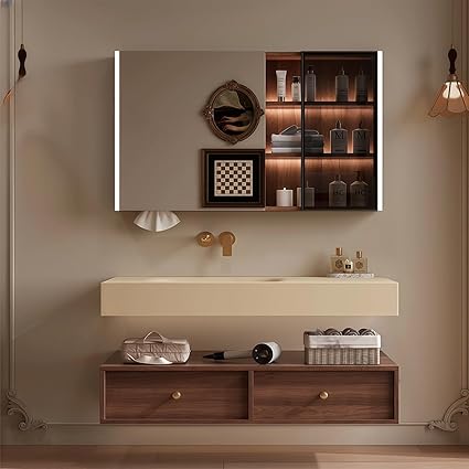Modern Wall Mounted Floating Bathroom Vanity with Integrated Ceramic Sink, No Assembly Required, Hanging LED Intelligent Lighted Sensor and Demisting Mirror, Cabinet Spaces, 3 Soft Close Drawers