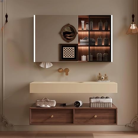 Modern Wall Mounted Floating Bathroom Vanity with Integrated Ceramic Sink, No Assembly Required, Hanging LED Intelligent Lighted Sensor and Demisting Mirror, Cabinet Spaces, 3 Soft Close Drawers