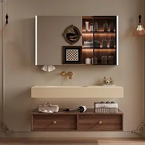 Modern Wall Mounted Floating Bathroom Vanity with Integrated Ceramic Sink, No Assembly Required, Hanging LED Intelligent Lighted Sensor and Demisting Mirror, Cabinet Spaces, 3 Soft Close Drawers