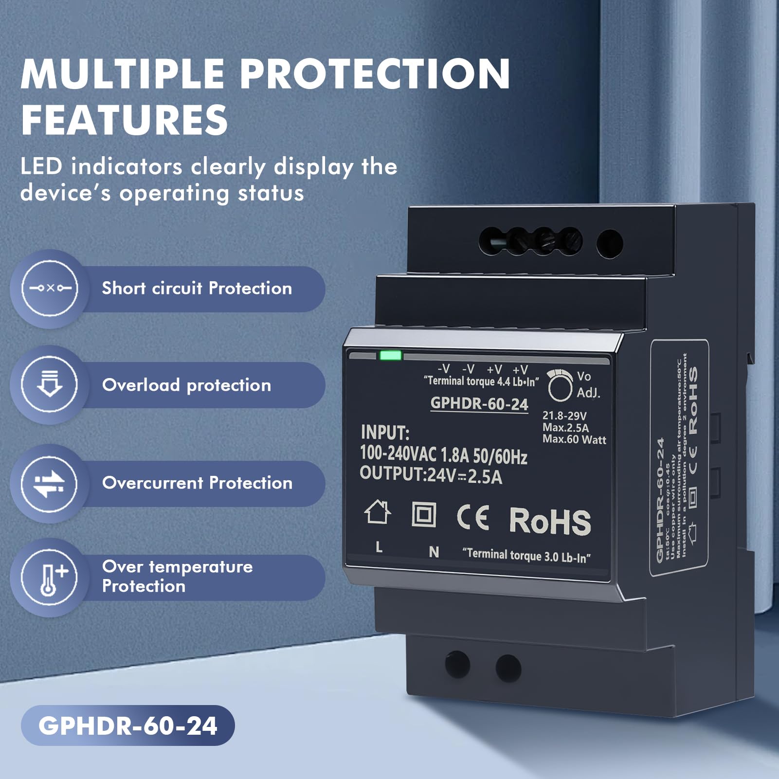 Fuente alimentacion 24v DIN 2.5A 60W hdr-60-24 din riel Entrada 100-240V CA, salida constante 24V CC/2.5 A con protección contra sobretensión sobrecarga sobrecorriente y cortocircuito.