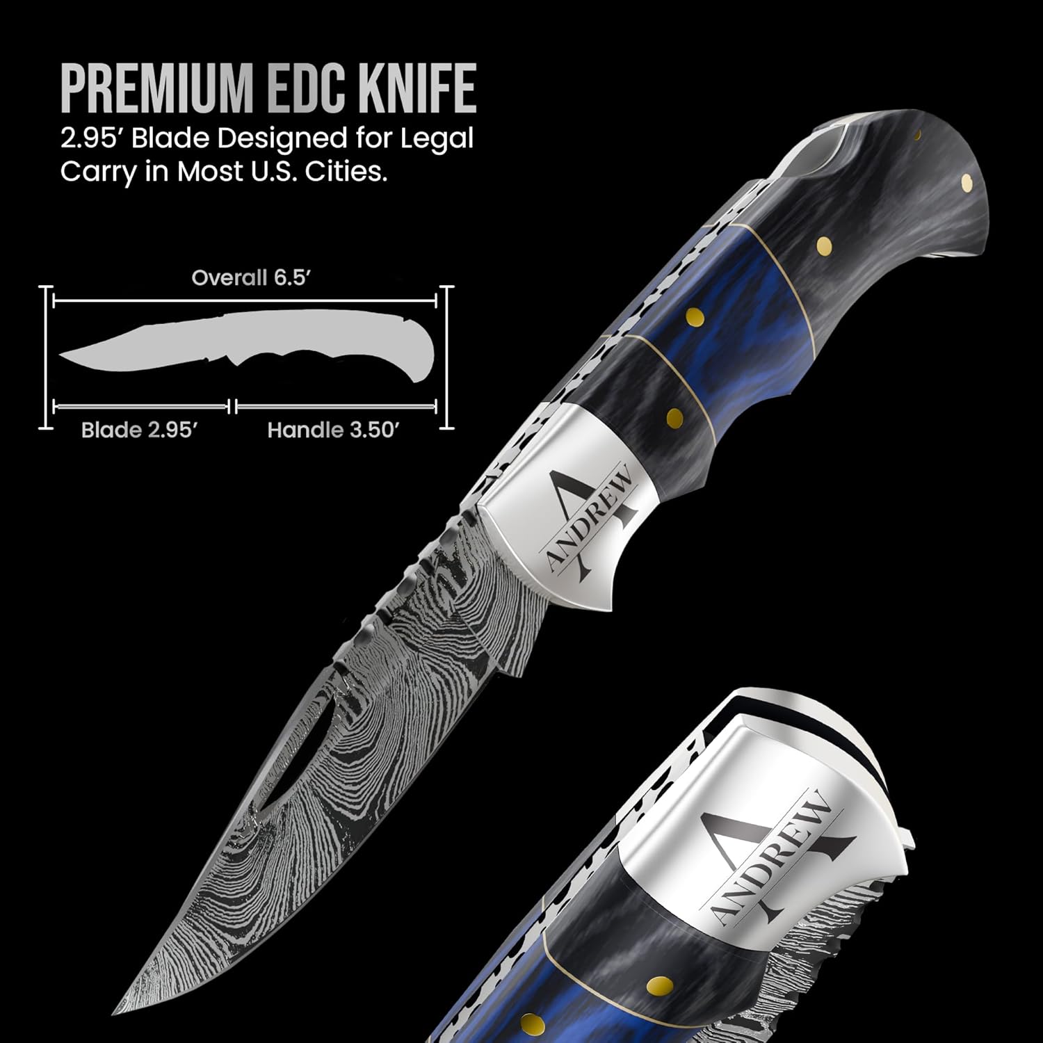 6.5' Personalized Engraved Damascus pocket knife for men Small folding knife for outdoor, camping, hiking, Customized Retirement Gifts for Husband Dad Boyfriend