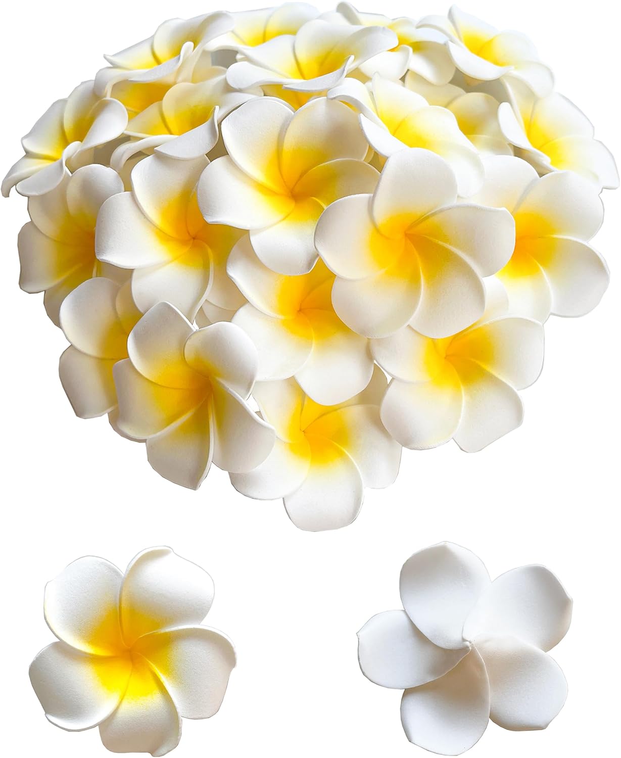 100Pcs 7cm White Foam Hawaiian Frangipani Artificial Plumeria Flower Petals for Hair Clip, Hat, Cap, Bridal, Home, Wedding, Beach, Party Decorations