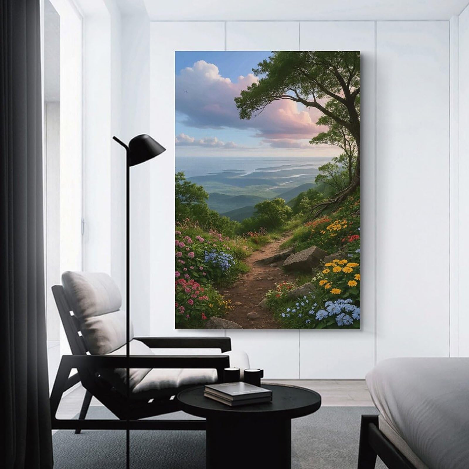 Junmoney Scenic Mountain Trail with Flowers Hanging Wall Art 20x30inch(50x75cm), for Study, Office Or Focused Interiors, Wall Art That Adds Style to Work Areas