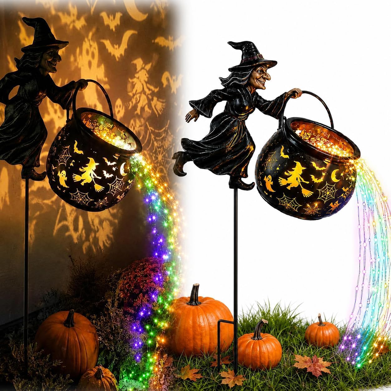 CliffofLove Solar Halloween Black Cat & Pumpkin Moon Garden Stake Light, Hanging Waterproof Outdoor Solar Halloween Garden Decoration with Black Cat, Lights for Patio, Yard, Lawn, Pathway (#B)