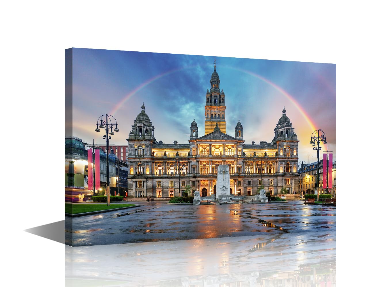 Rainbow Pictures for Bedroom Glasgow City Chambers Wall Art for Living Room 1 Panel George Square Scotland Artwork Home Decor Contemporary Wooden Framed Gallery-wrapped Ready to Hang (16''Wx 24''H)
