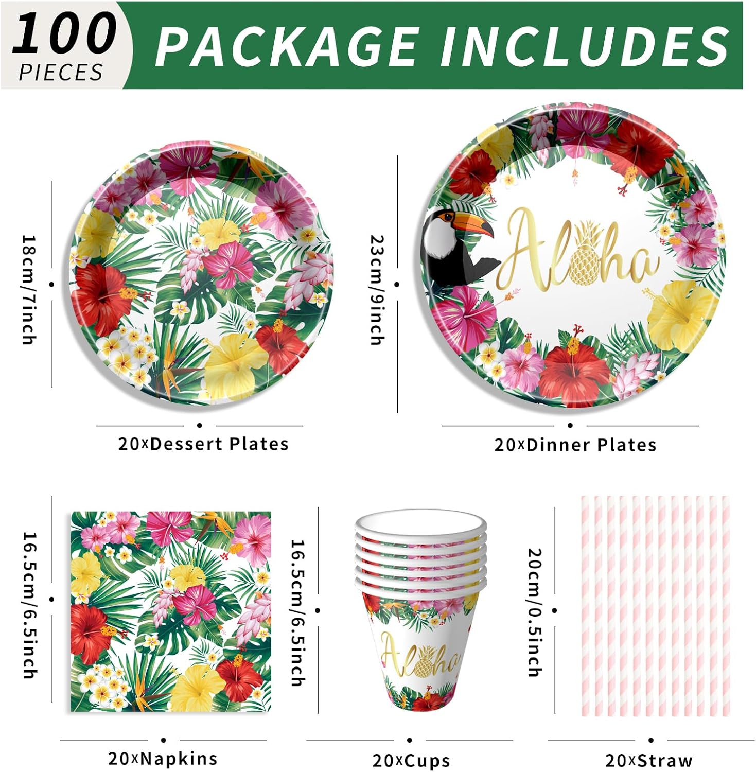 Hawaiian Aloha Party Supplies Tropical Themed Birthday Decoration Aloha Tropical Plates and Napkins for Hawaiian Luau Birthday Decorations Serves 20, 100 Pcs Disposable Party Dessert Dinnerwares