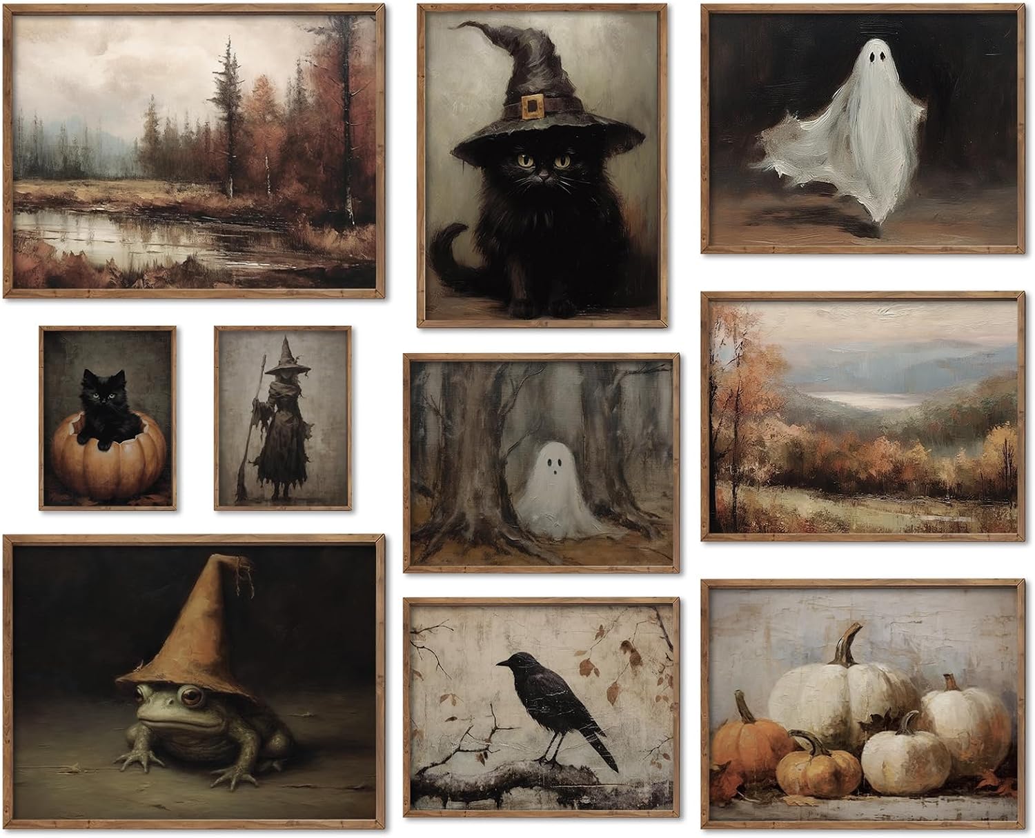 JarThenaAMCS 10Pcs Halloween Canvas Wall Art Prints Vintage Black Cat Ghost Witch Art Poster Dark Goth Moody Wall Decor for Gallery Living Room Bedroom Decor (UNFRAMED)