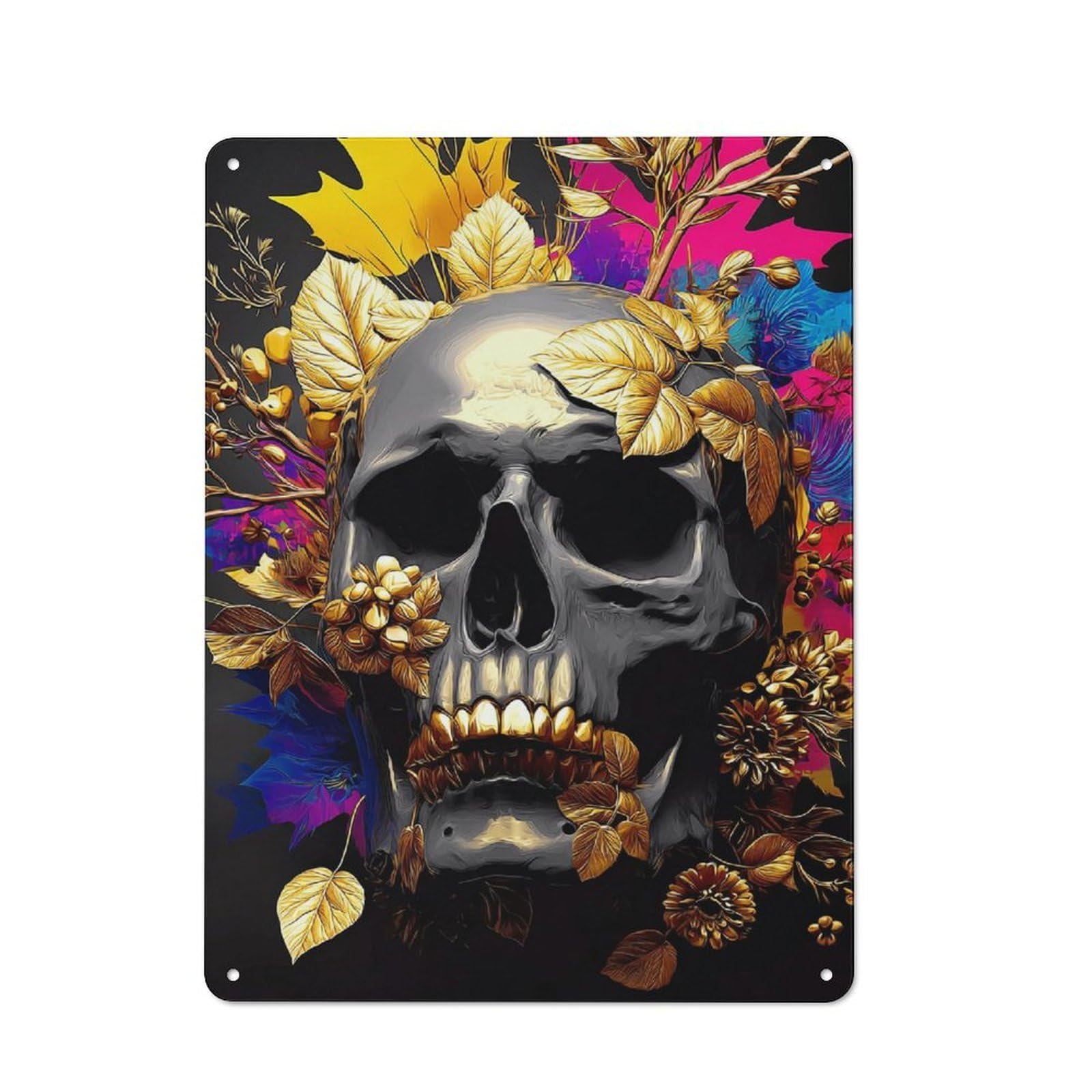 Golden Skull with Autumn Leaves -1 Cottage Metal Wall Decor 40x30cm, Shed Metal Sign for Conservatory, Home Bar Or Utility Room