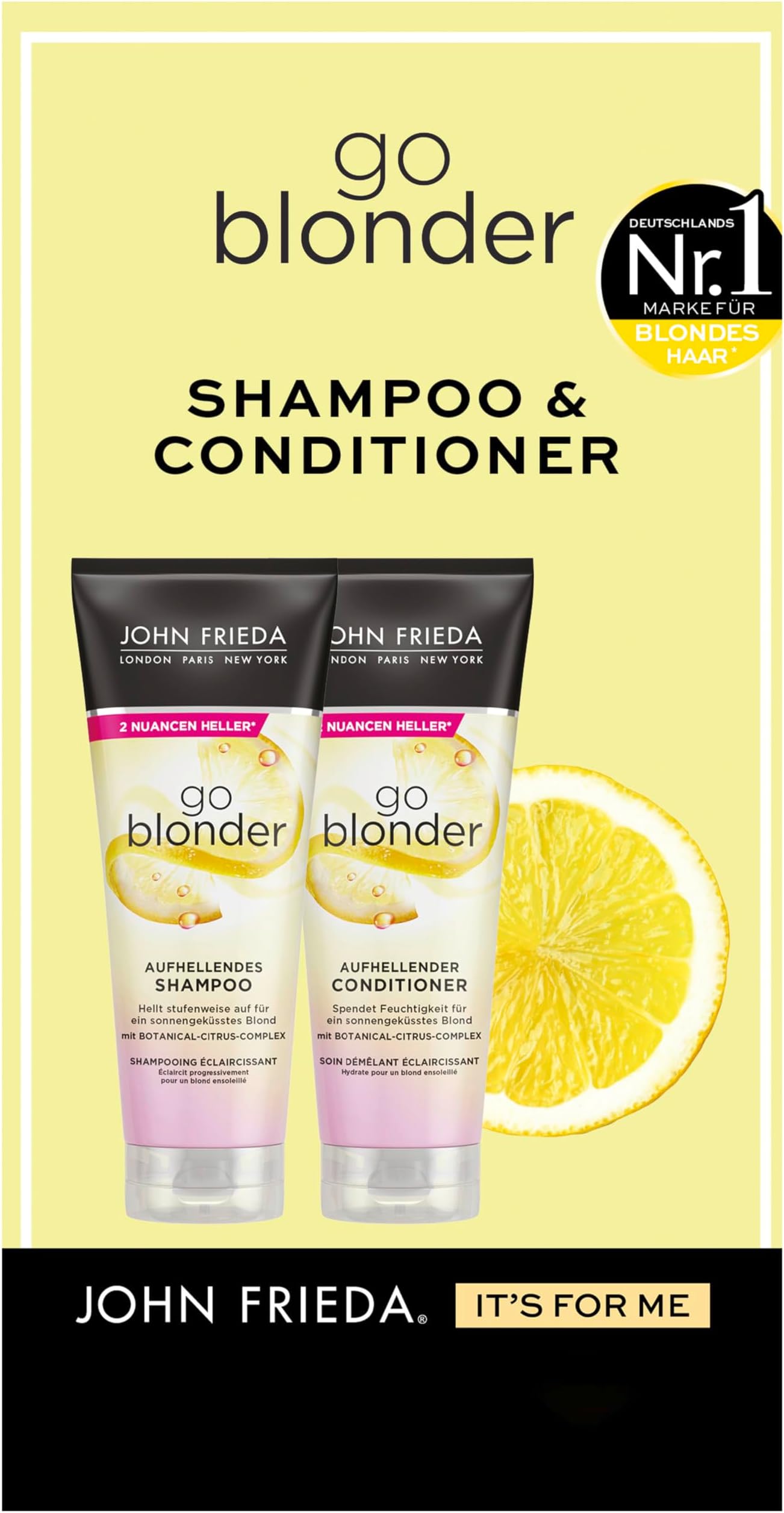 John Frieda Go Blonder Set - Shampoo, 250 ml & Conditioner, 250 ml - Hair Type: Blonde, Bleached - Brightens Gradually