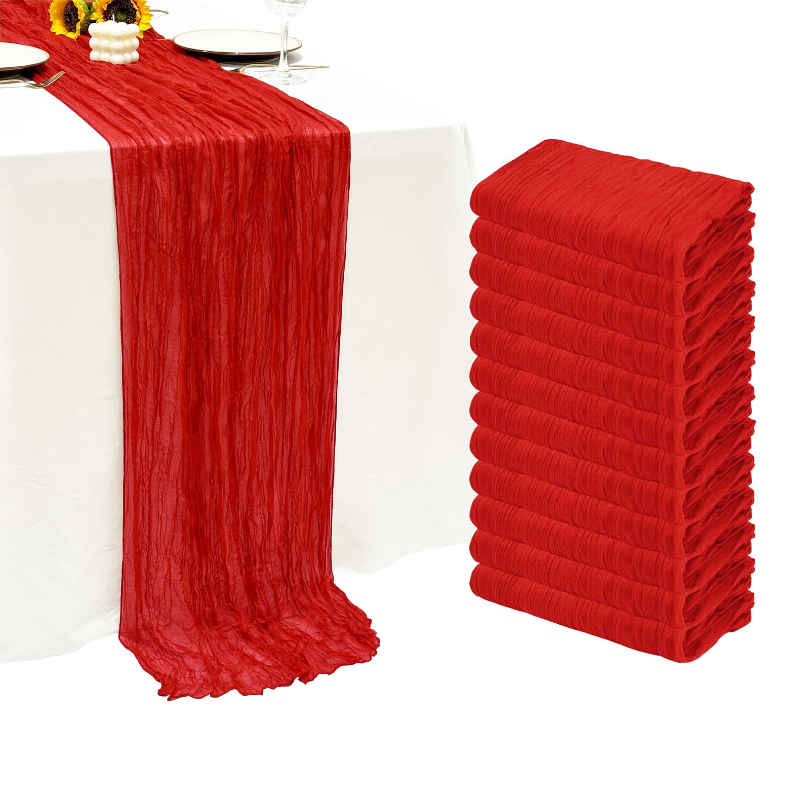 Photo 1 of 12Pack Red Cheesecloth Table Runner 10Ft Gauze Table Runner Red Cheese Cloth Table Runners Long Sheer Fabric Tablerunners for Wedding Party Bridal Shower Thanksgiving Christmas