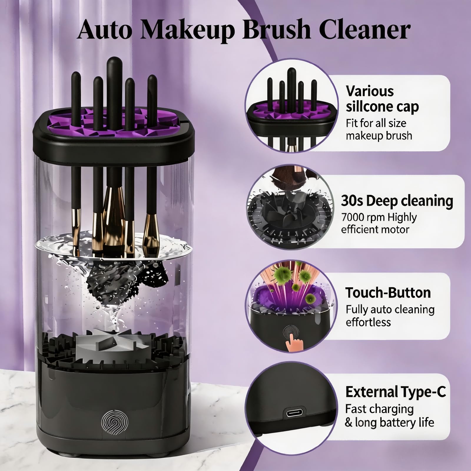 Elektrischer Makeup Pinsel Reiniger mit Trocknung & UV-Desinfektion, 6500RPM Automatischer Pinselwaschmaschine, Leise Transparent Großes Fassungsvermögen Type-C für Zuhause Reise