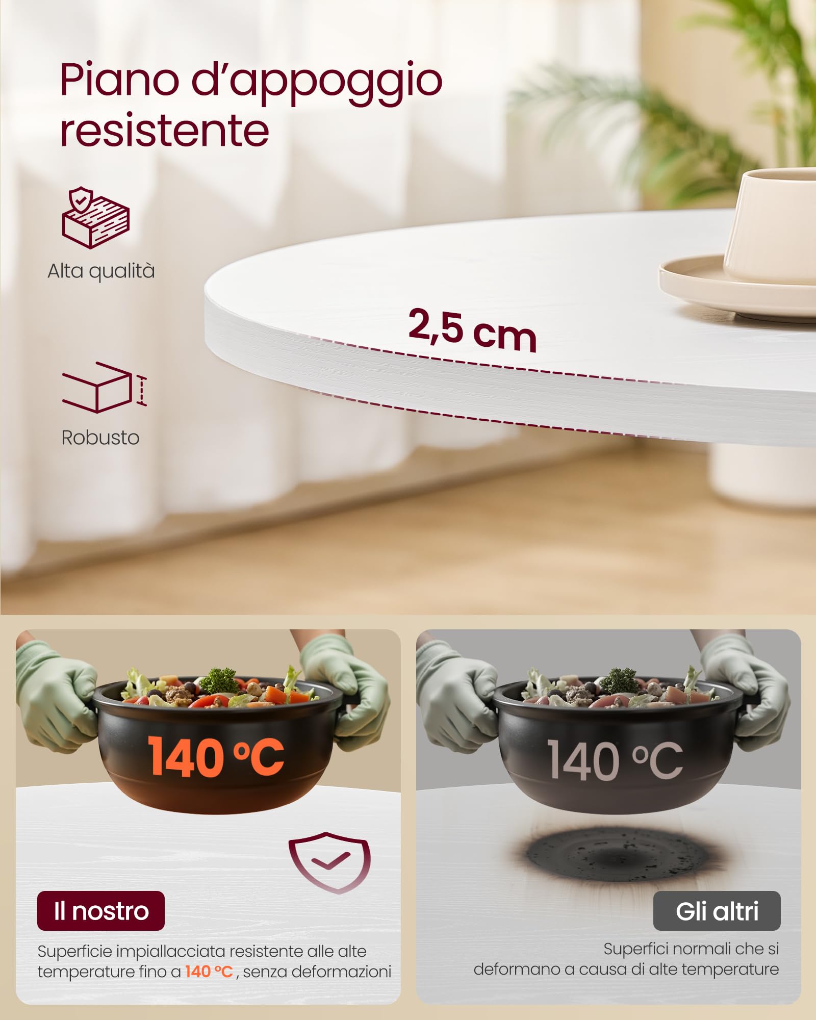 VASAGLE Tavolo da Pranzo Rotondo, Tavolino da Cucina per 4 Persone, Stile Rustico, Piano Resistente all'Acqua, diam. 80 cm, Altezza 74,8 cm, Sala da Pranzo, Soggiorno, Bianco Neve KDT082W01