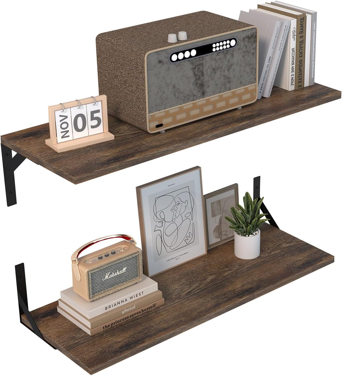 Large Wall Shelves, 31.5" W x 12" D Long Floating Shelves Set of 2, Wide Display Wood Shelf Wall Mounted with Heavy-Duty Metal Brackets for Bedroom Books, Living Room, Kitchen, Rustic Brown