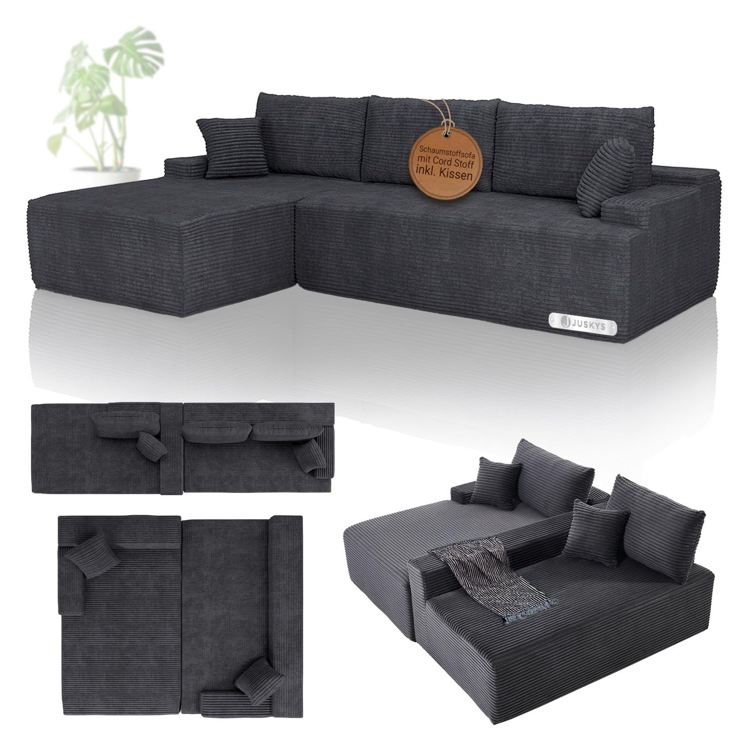 Juskys Coredo Cord Sofa – Cord Sofa mit Ottomane links, Dunkelgrau