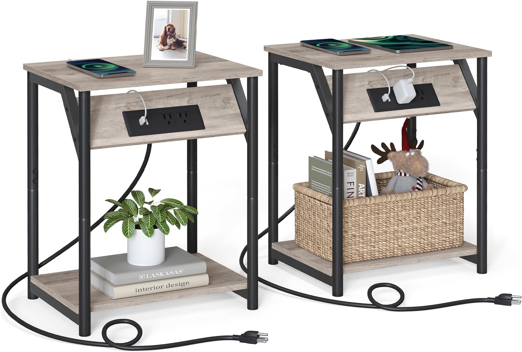 End Table with Charging Station, Set of 2, Small Side Tables for Living Room, Bedroom, Nightstand with Outlets and USB Ports, Bedside Table with Storage Shelf, Heather Greige and Black
