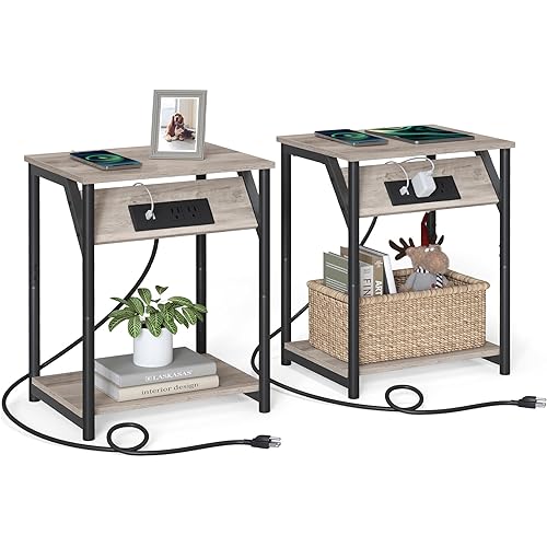 VASAGLE End Table with Charging Station, Set of 2, Small Side Tables for Living Room, Bedroom, Nightstand with Outlets and USB Ports, Bedside Table with Storage Shelf, Heather Greige and Black