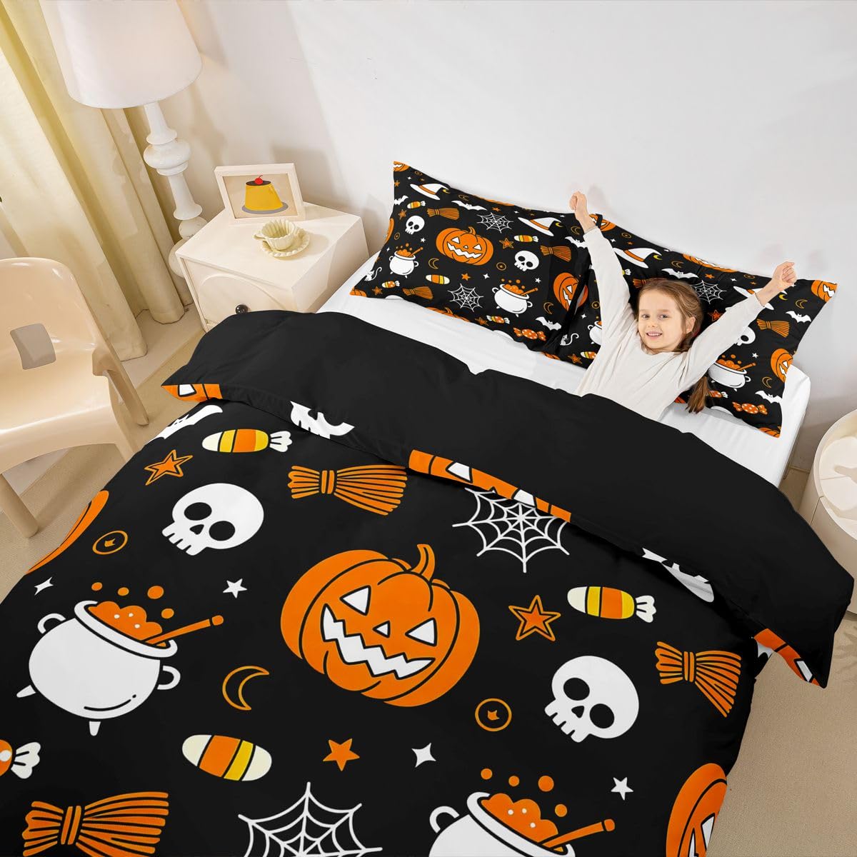 Loussiesd Happy Halloween poszewka na kołdrę super king size uroczy duch dynia kot pajęczyna zestaw pościeli dla chłopców dziewcząt cukrowa czaszka poszewka na kołdrę sypialnia dekoracja 3 szt. zamek