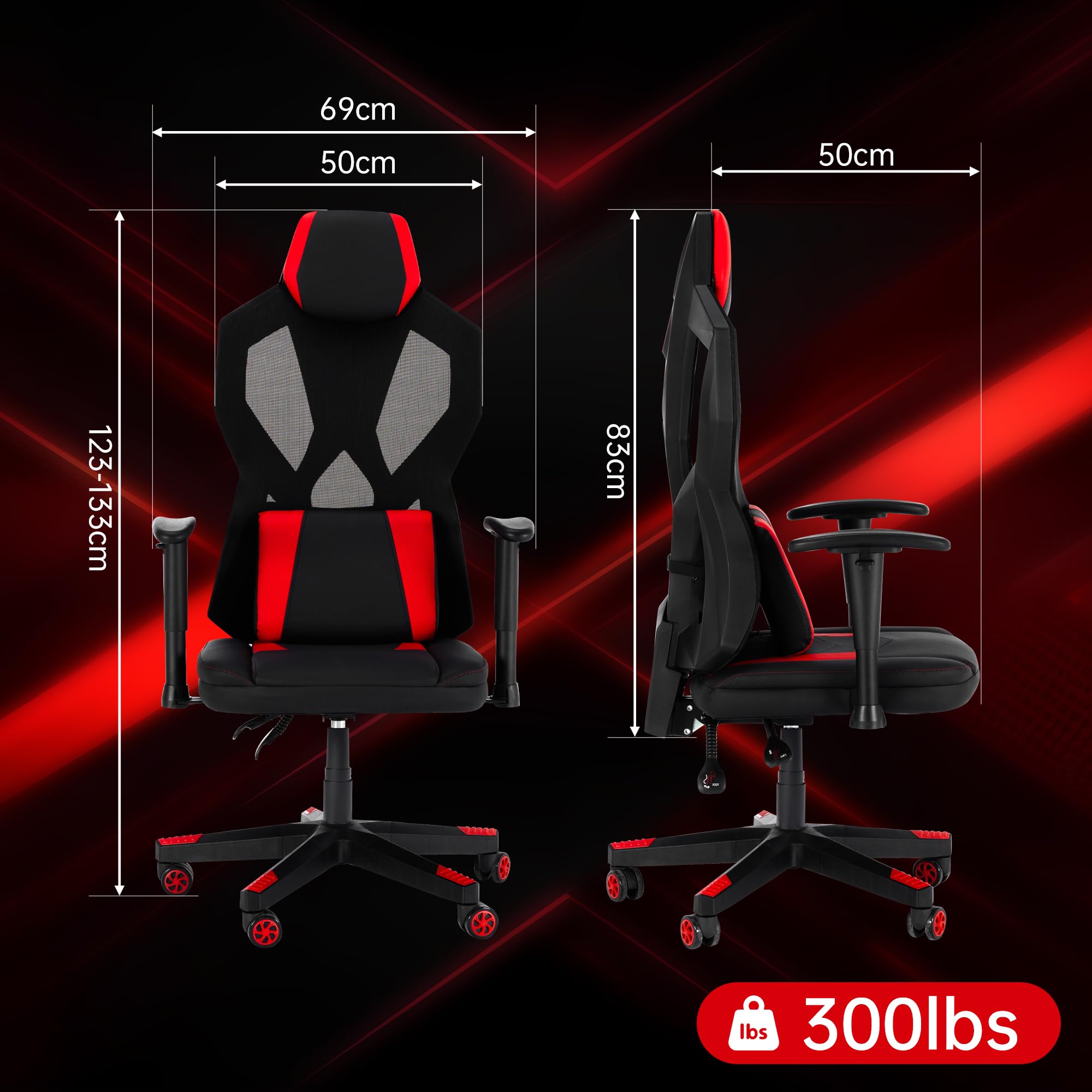 Silla de juegos con luces LED RGB, silla de videojuegos ergonómica para computadora con soporte lumbar de masaje (rojo) 3