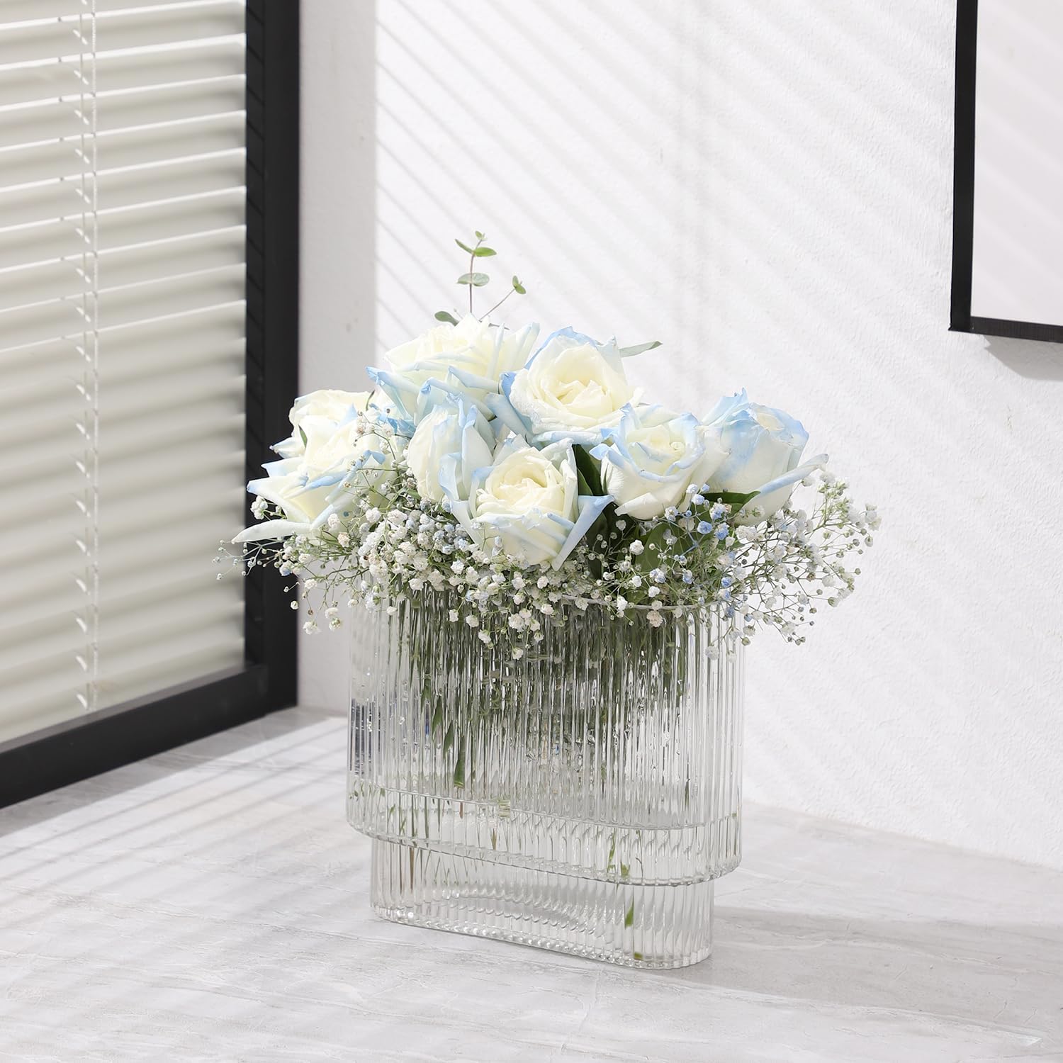 Ribbed Vase, Clear Glass Vase, Flower Vase for Centerpieces, Modern Vase, Fluted Glass Vase, Decorative Vase for Living Room, Dining Table, Shelf, Wedding, Office, 7.1 Inches & 9.8 Inches