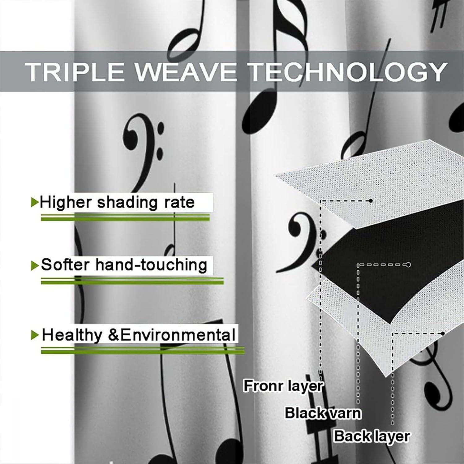 Music Note Curtains,Black and White Musical Clef Instrument Rhythm Song Art Blackout Window Door Curtains for Bedroom Living Room Home Decor W52xL84in