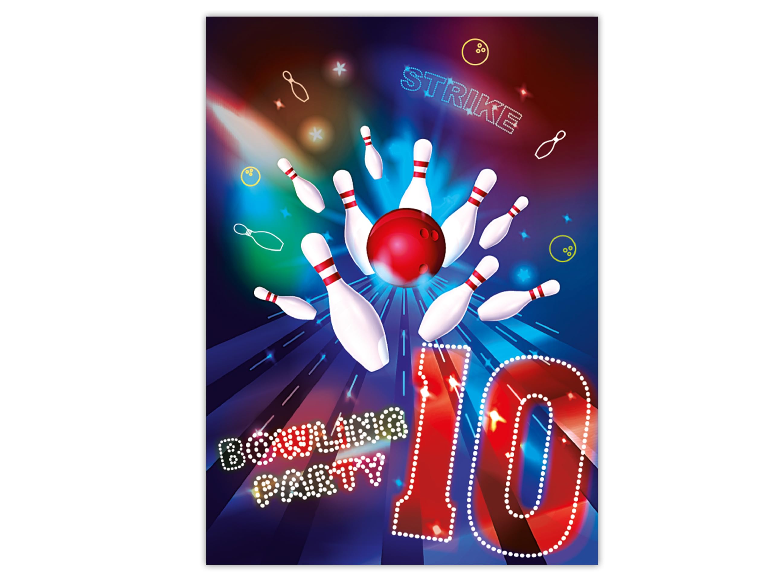 12 Einladungskarten zum 10 Kindergeburtstag Bowling Party Geburtstag Kinder Jungs Mitgebsel inkl. 12 Umschläge, 12 Tüten, 12 Aufkleber, 12 Lesezeichen, 12 Blöcke, 12 Stadt-Land-Fluss, 12 Tic Tac Toe