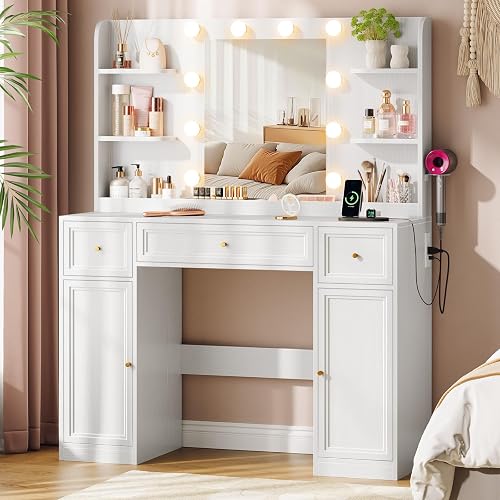 Large Vanity Desk with Mirror and Lights, Makeup Vanity with Power Outlets, 3 Drawers and 2 Large Cabinets, 3 Lighting Modes Adjustable Brightness, Dressing Table for Women Girls, White