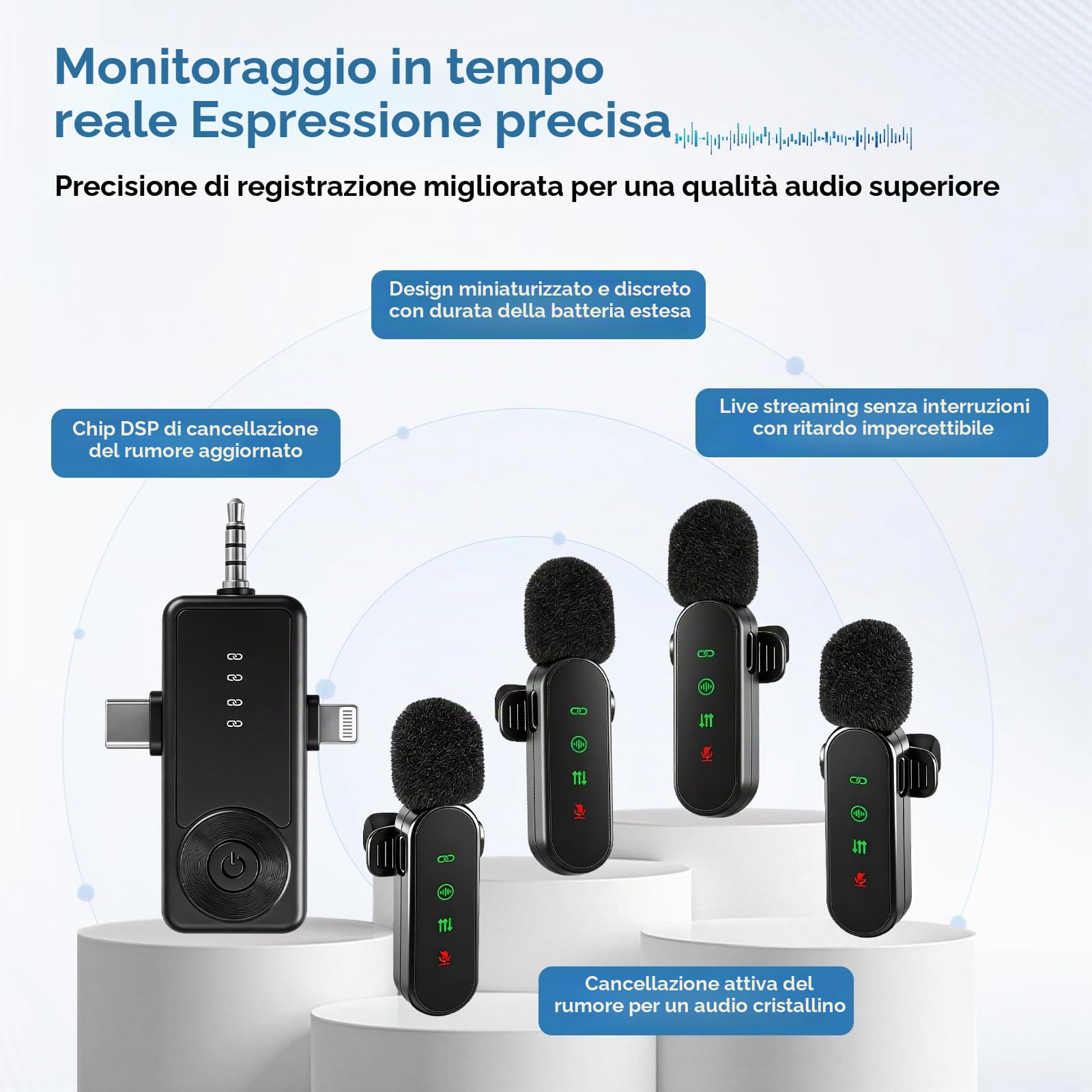 Microfoni Lavalier wireless con display a LED, confezione da 4 microfoni Lavalier con clip per accoppiamento automatico, mini microfono con riduzione del rumore per registrazione video Vlogging TikTok