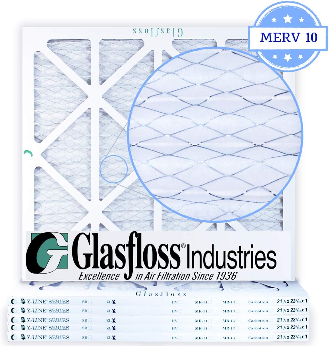 Glasfloss 21-1/2 x 23-5/16 x 1 Air Filters (Case of 6), MERV 10, Pleated, Made in USA