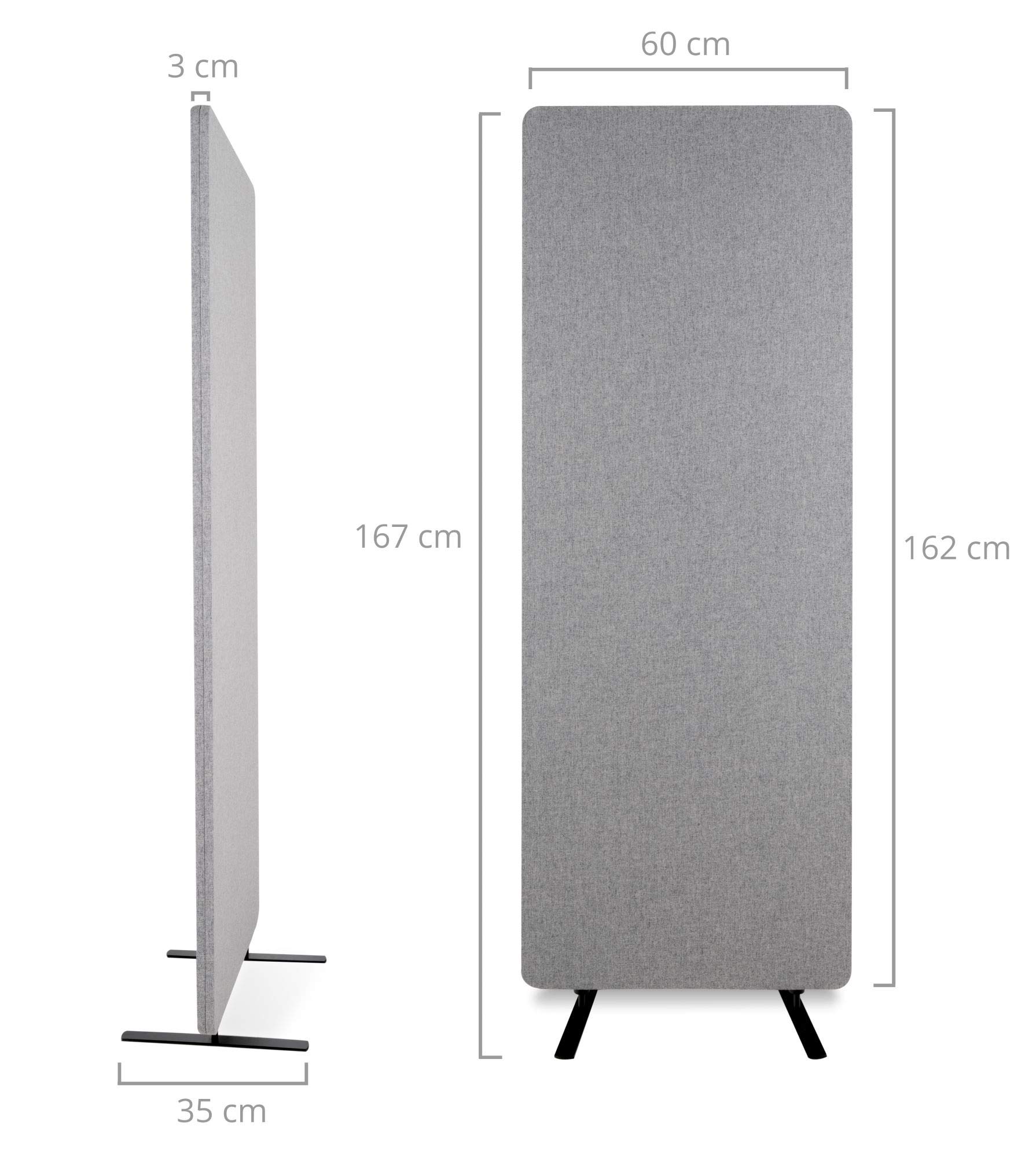 Set 3 Divisori Pronomic DiviRoom-162 GY, Facile da montare, Peso: 6 | Schermo mobile e divisorio per lavoro e casa, Pannello in fibra di poliestere, Rivestimento tessile grigio melange
